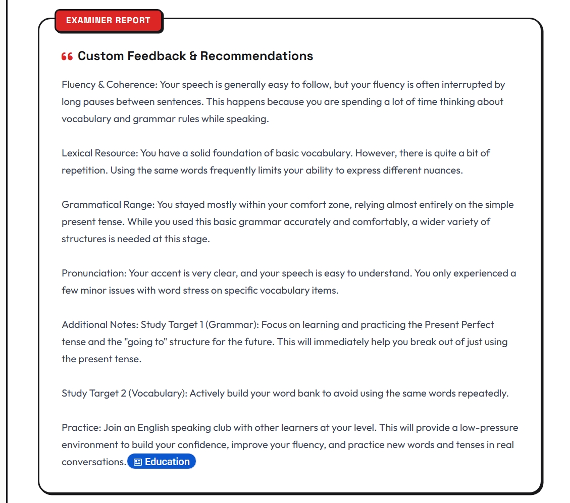 Example personalised examiner feedback and study targets